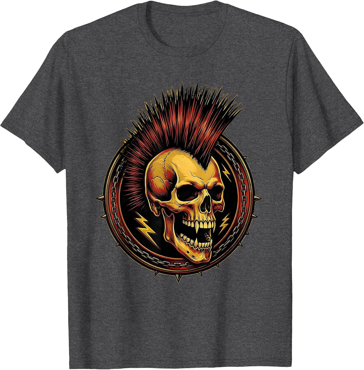 Punk Skull Mohawk Graphic Design T-Shirt - Dark Heather Grey