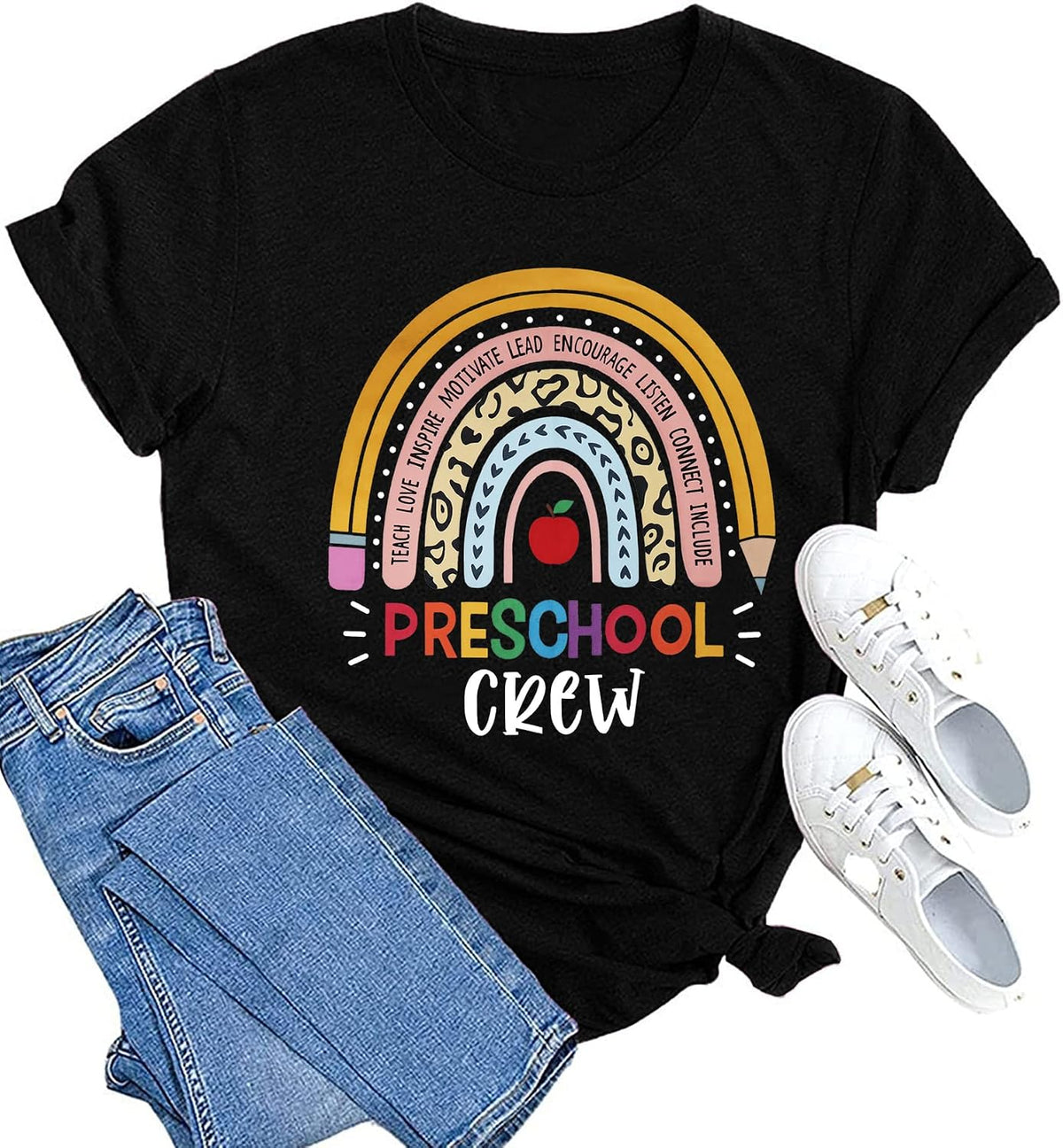 Womens Preschool Teacher Shirts Preschool Crew Rainbow Tshirt Teacher Life Short Sleeve - Black