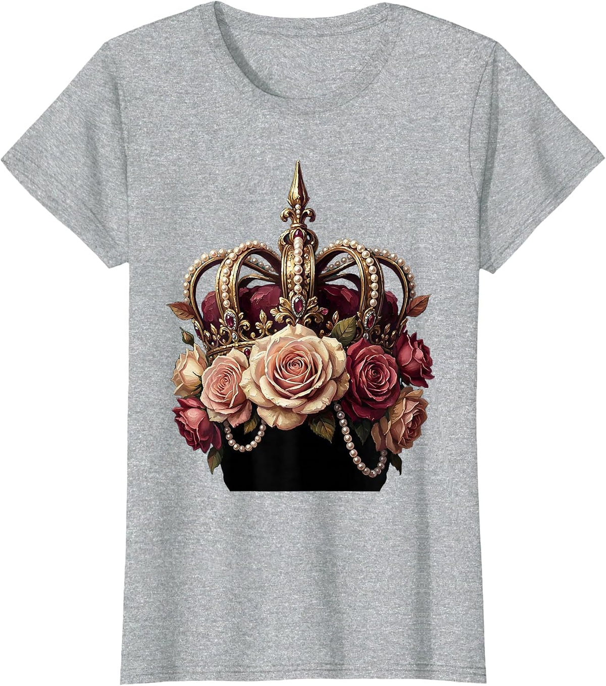 Women's Showgirl Crown Pearls and Roses Illustration T-Shirt - Heather Grey
