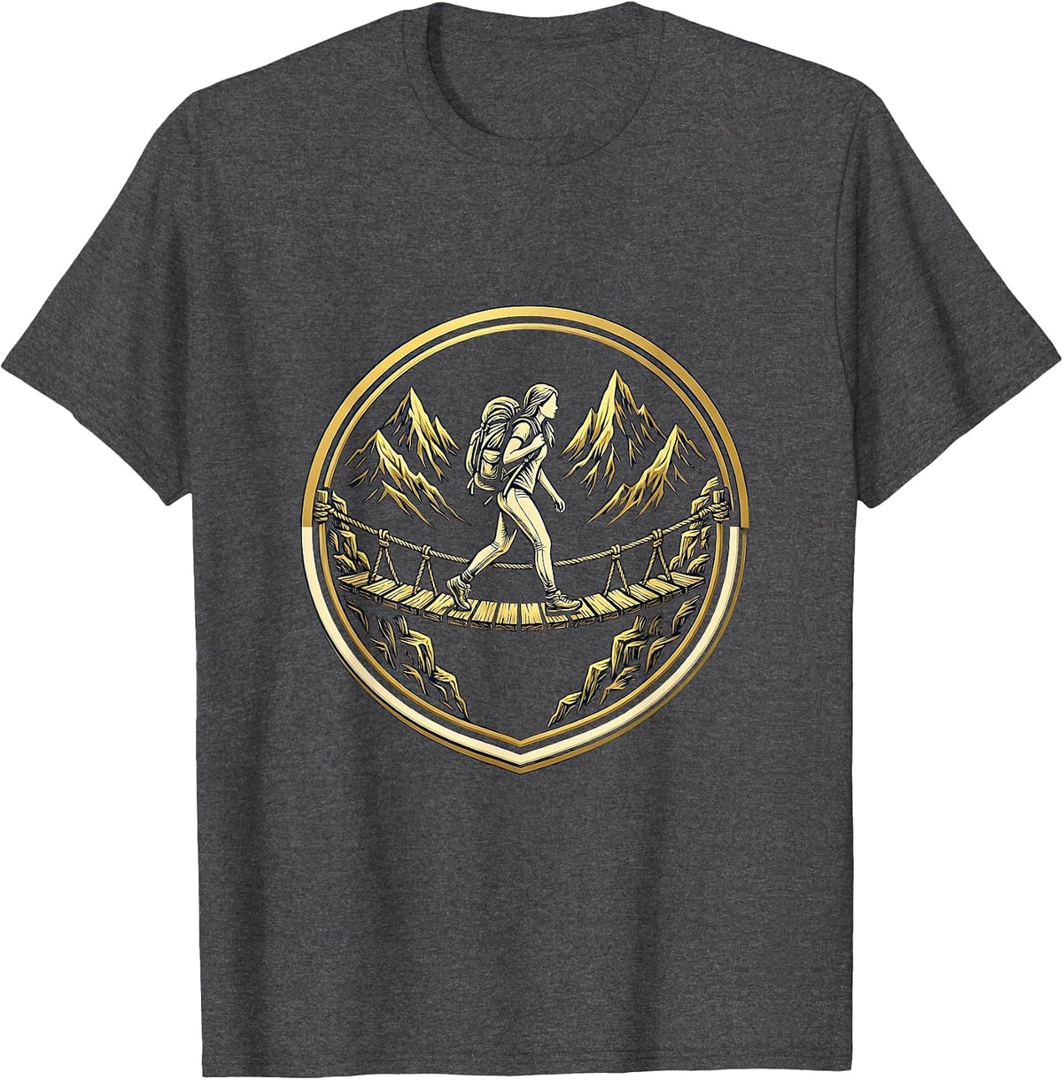 Adventure Hiker Rope Bridge Crossing Illustration T-Shirt - Dark Heather Grey