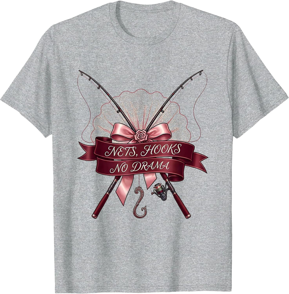 Men's Nets Hooks No Drama Fishing Design T-Shirt - Heather Grey