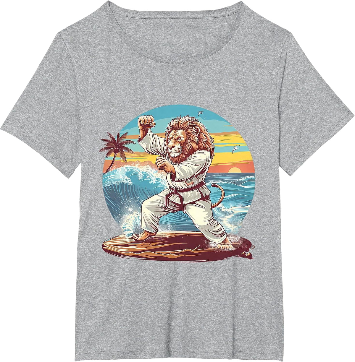 Kickboxing Lion Beach Sunset Jiu-Jitsu Taekwondo Lion Lover T-Shirt - Heather Grey