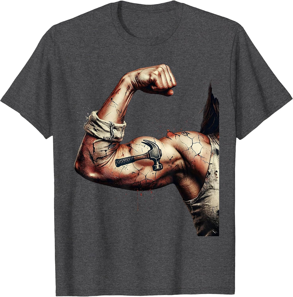 Labor Day Strong Arm Hammer Tattoo Graphic T-Shirt - Dark Heather Grey