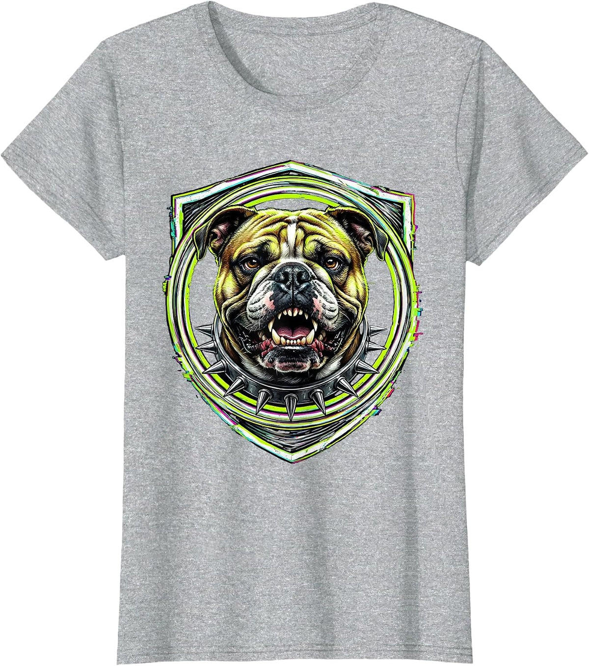 Punk Rock Snarling Bulldog Spiked Collar Graphic T-Shirt - Heather Grey