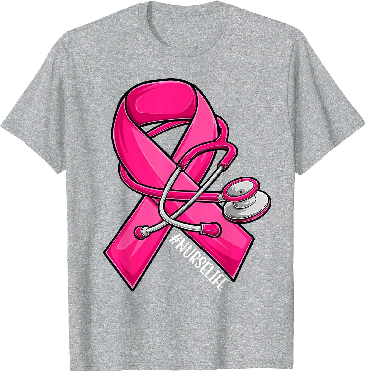 Pink Ribbon Stethoscope Nurse Life Breast Cancer Awareness T-Shirt - Heather Grey