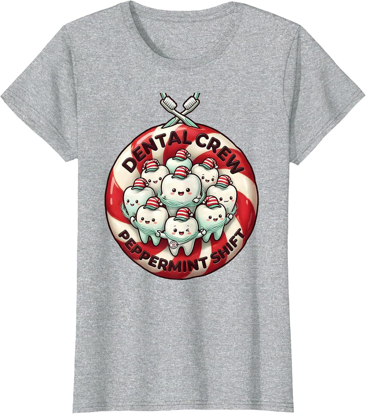 Dental Crew Peppermint Shift Cute Kawaii Dental Team Holiday T-Shirt - Heather Grey