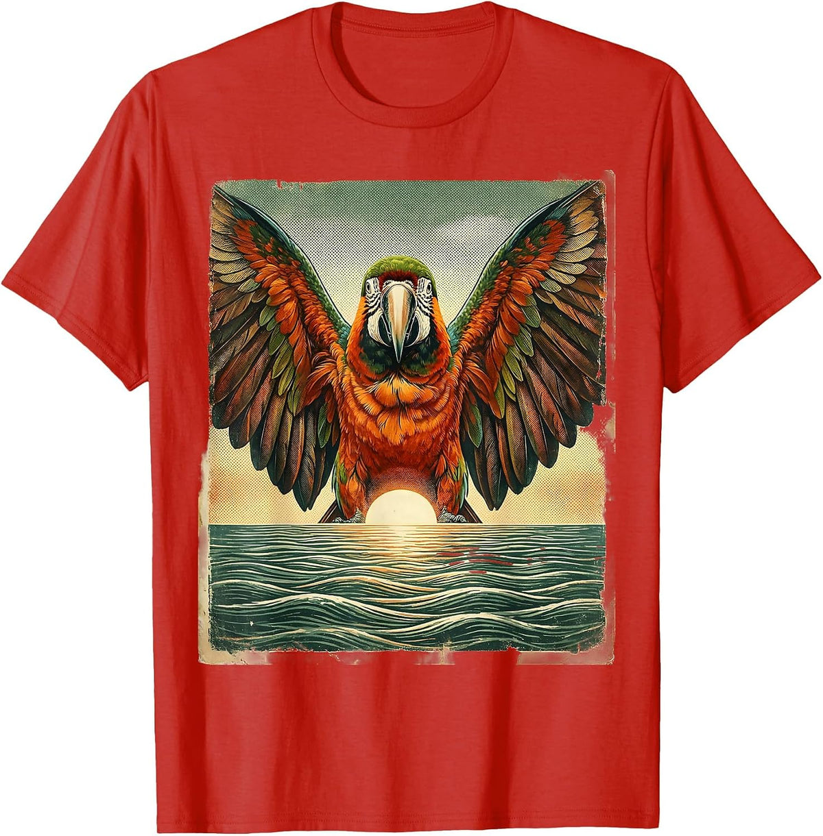 Men's Aloha Macaw Spreading Wings Over Ocean Horizon T-Shirt - Red