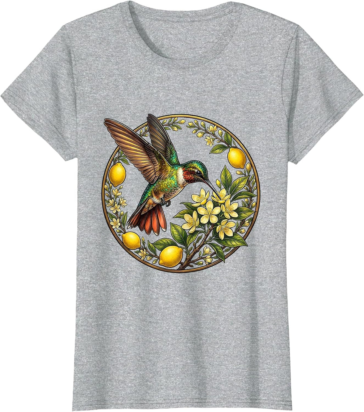 Hummingbird and Lemon Blossom Nature Design T-Shirt - Heather Grey