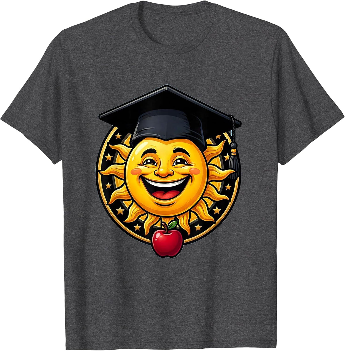 First Grade Teacher Smiling Sun Graduation Cap T-Shirt - Dark Heather Grey