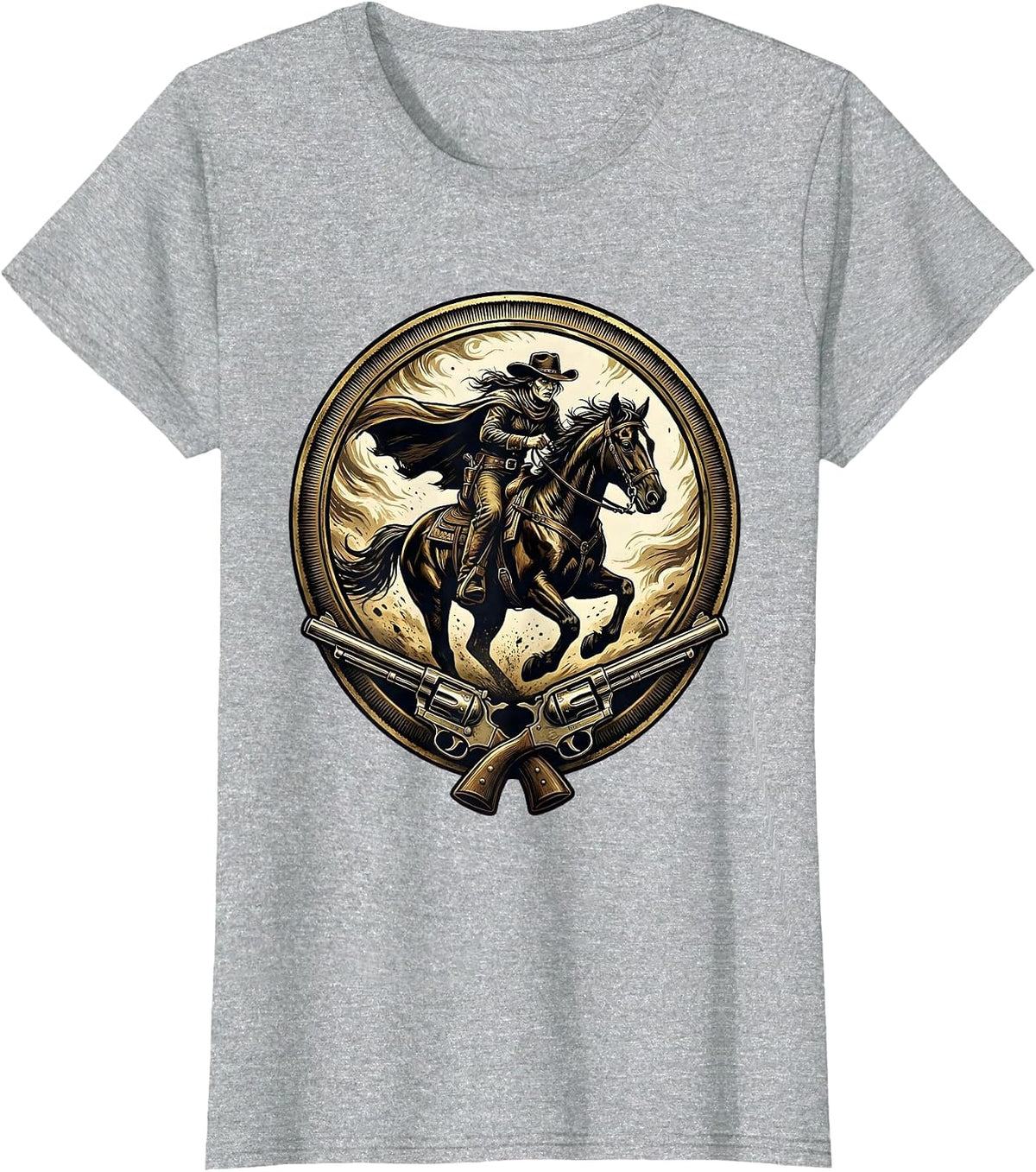 Female Outlaw Riding Horse Through Dust Storm T-Shirt - Heather Grey