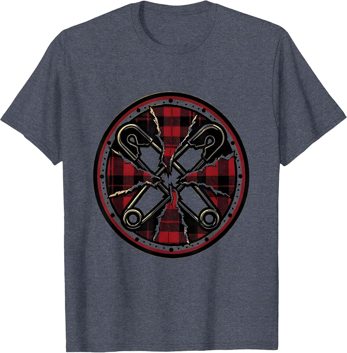 Punk Safety Pin Torn Fabric Graphic Tee T-Shirt - Heather Blue