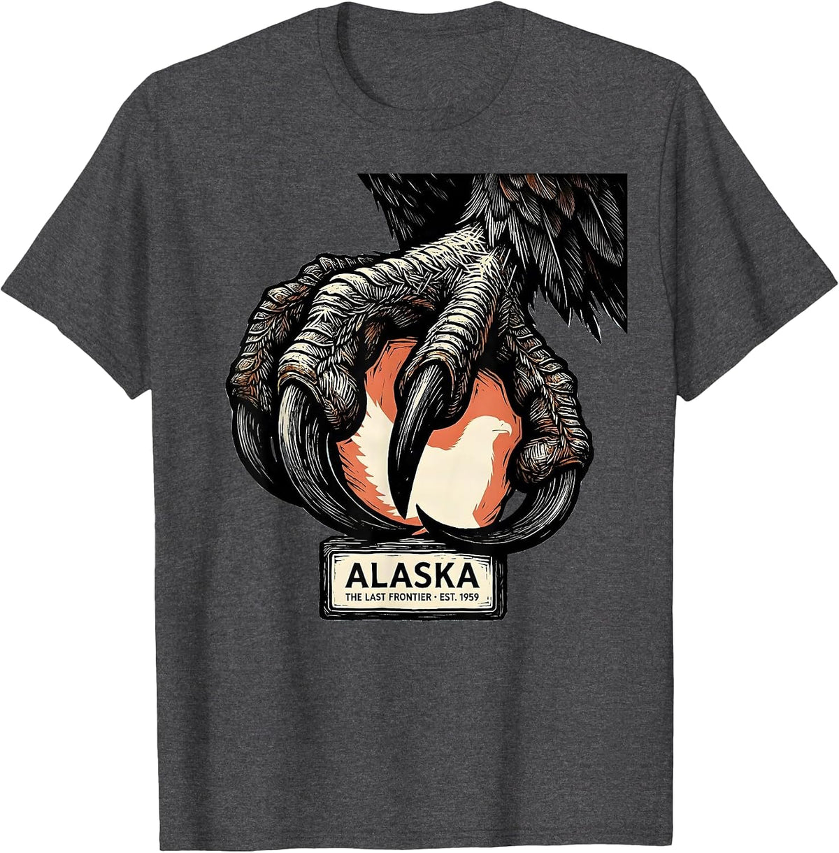 Men's Alaska The Last Frontier Est 1959 Linocut Eagle Salmon T-Shirt - Dark Heather Grey