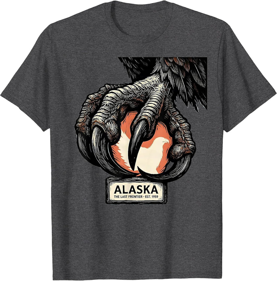 Men's Alaska The Last Frontier Est 1959 Linocut Eagle Salmon T-Shirt - Dark Heather Grey
