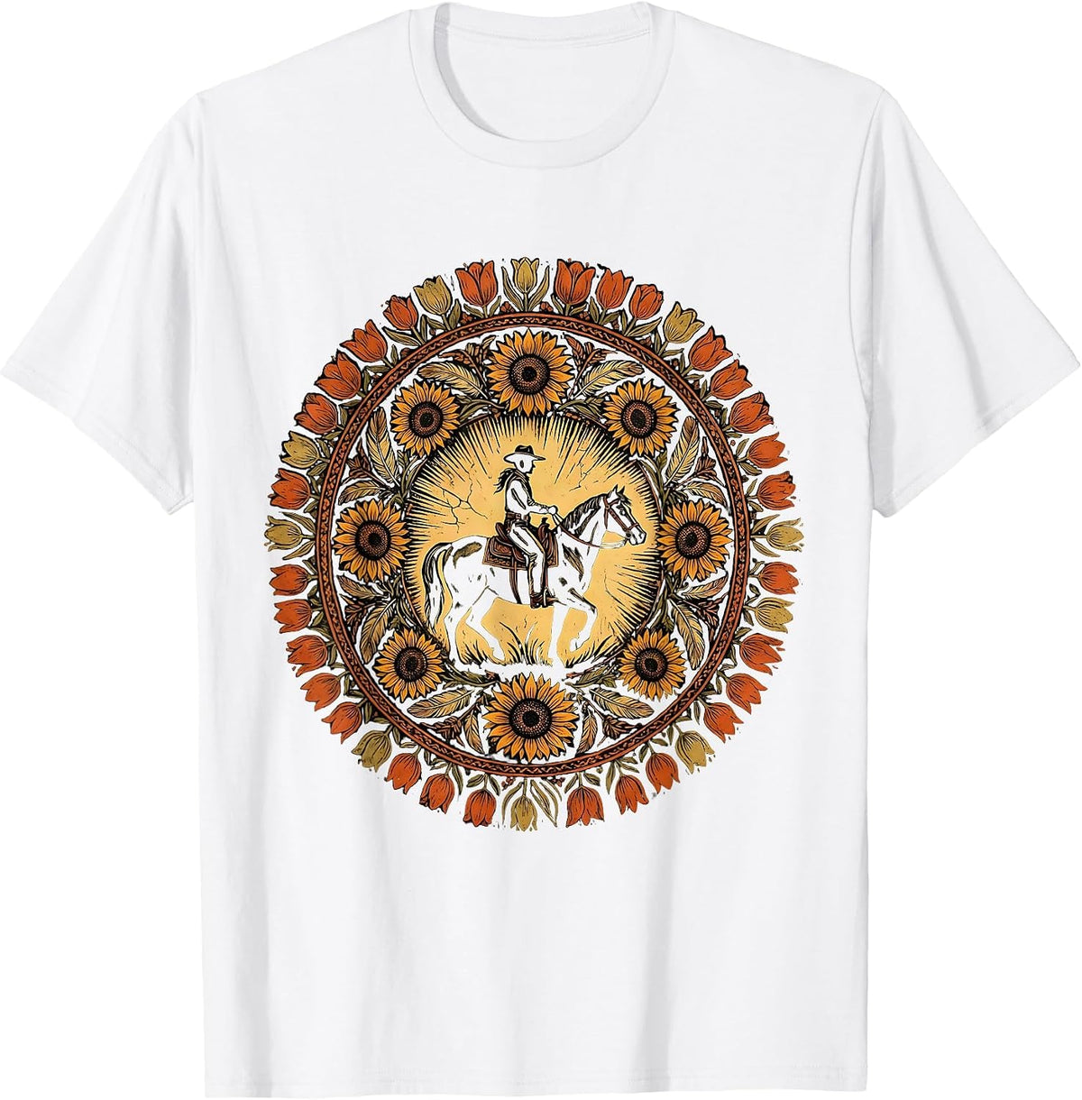 Men's Cowgirl Silhouette Riding Horse at Sunset T-Shirt - White
