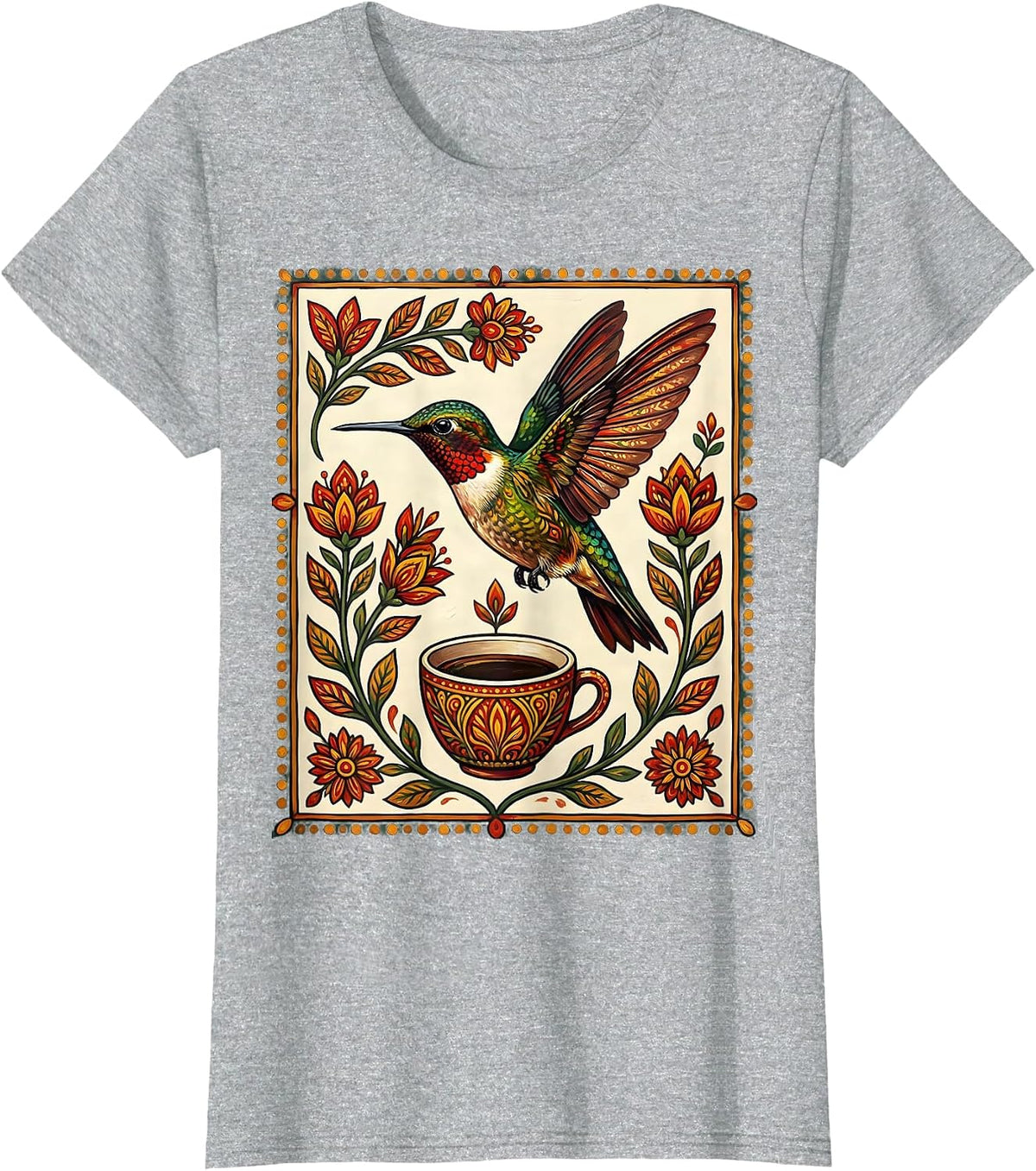 Women's Hummingbird Espresso Coffee Lover Graphic Tee T-Shirt - Heather Grey