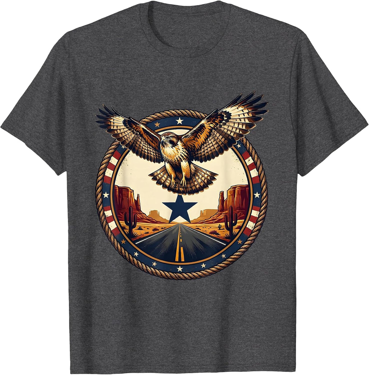 Route 66 Hawk Soaring Over Desert Highway T-Shirt - Dark Heather Grey
