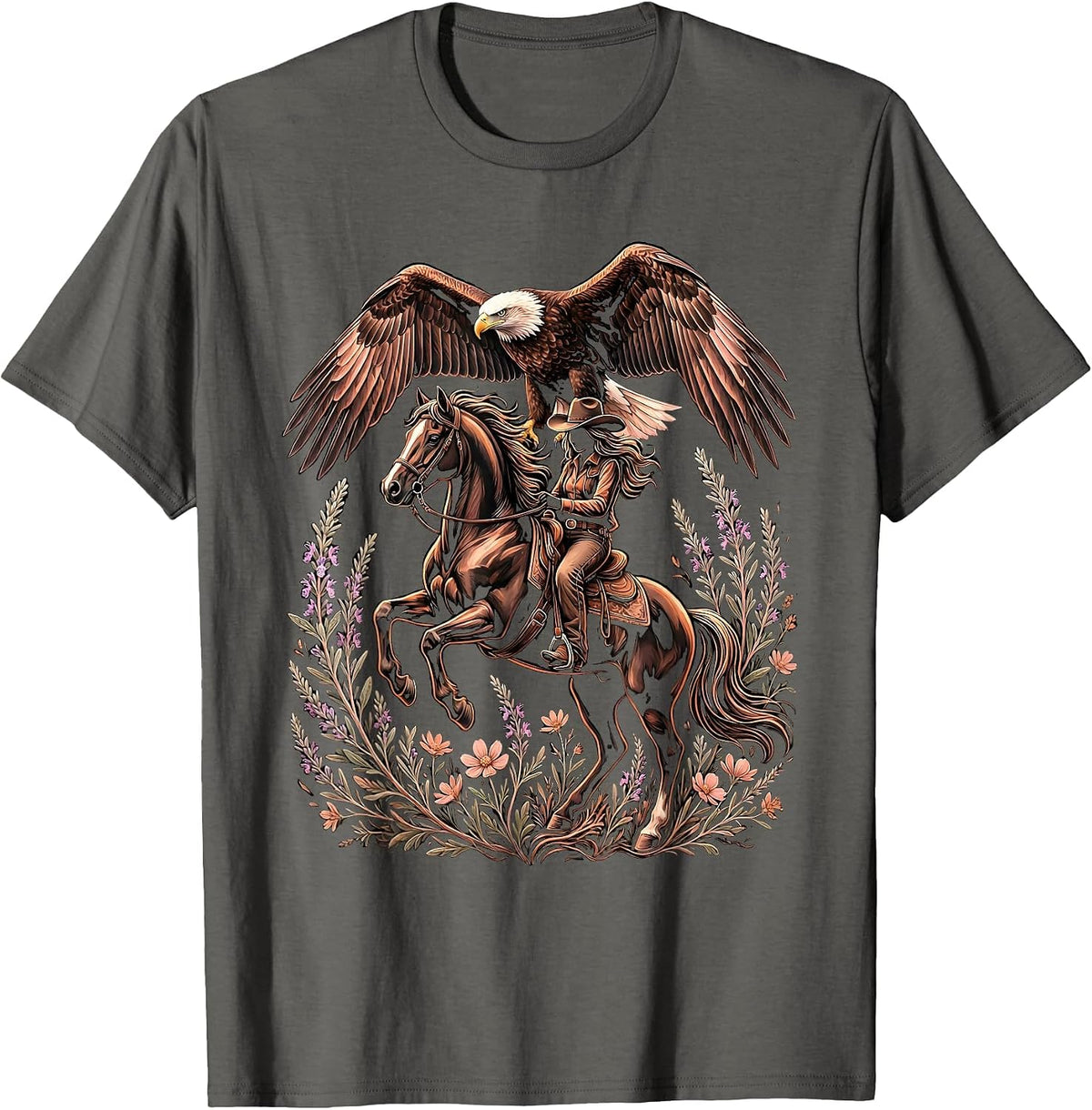 Eagle and Cowgirl on Horseback Western Graphic T-Shirt - Asphalt Grey