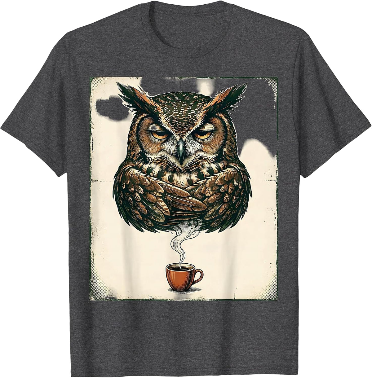 Slumped Owl Vintage Christian Coffee Humor Animal Mascot T-Shirt - Dark Heather Grey