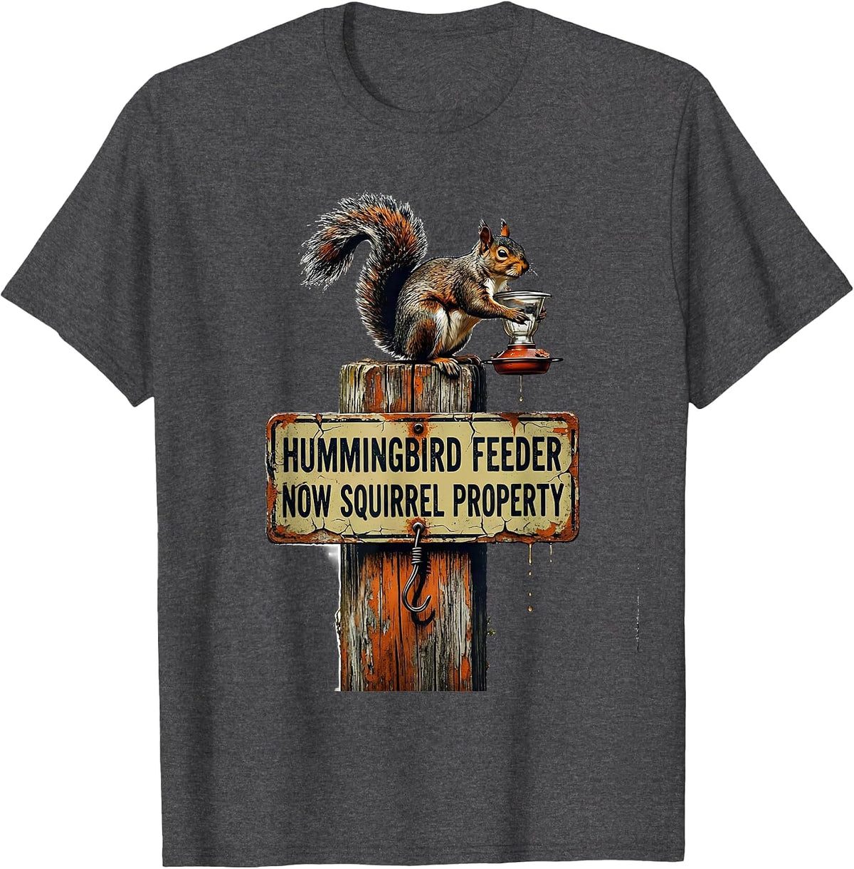Hummingbird Feeder, Now Squirrel Property Funny Squirrel T-Shirt - Dark Heather Grey