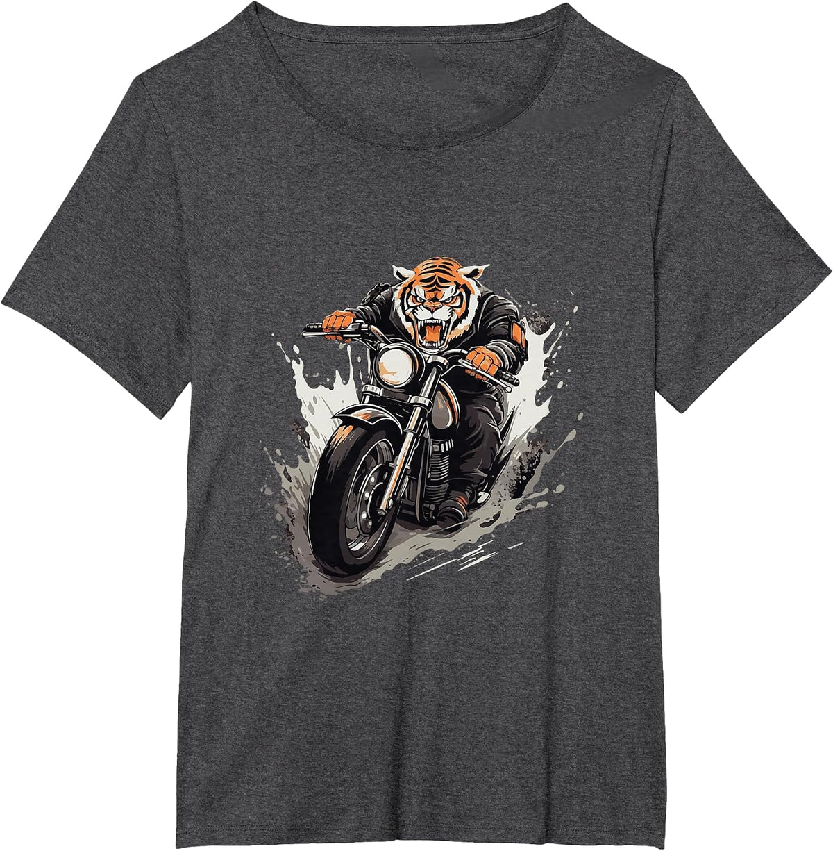 Tiger Riding on Motorcycle Biker T-Shirt - Dark Heather Grey