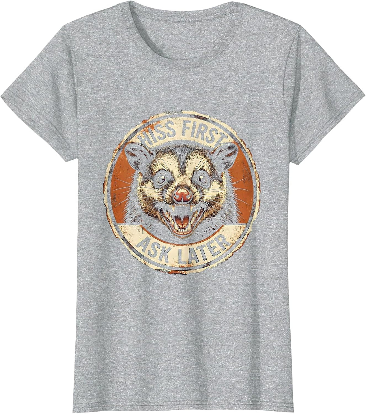 Women's Hiss First Ask Later Funny Opossum Design T-Shirt - Heather Grey