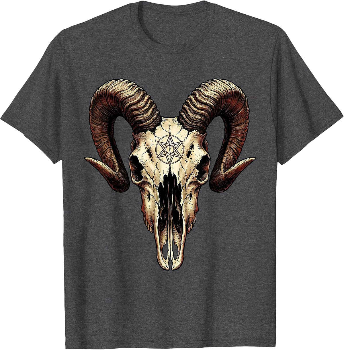 Demonic Goat Skull Curling Horns Horror Illustration T-Shirt - Dark Heather Grey