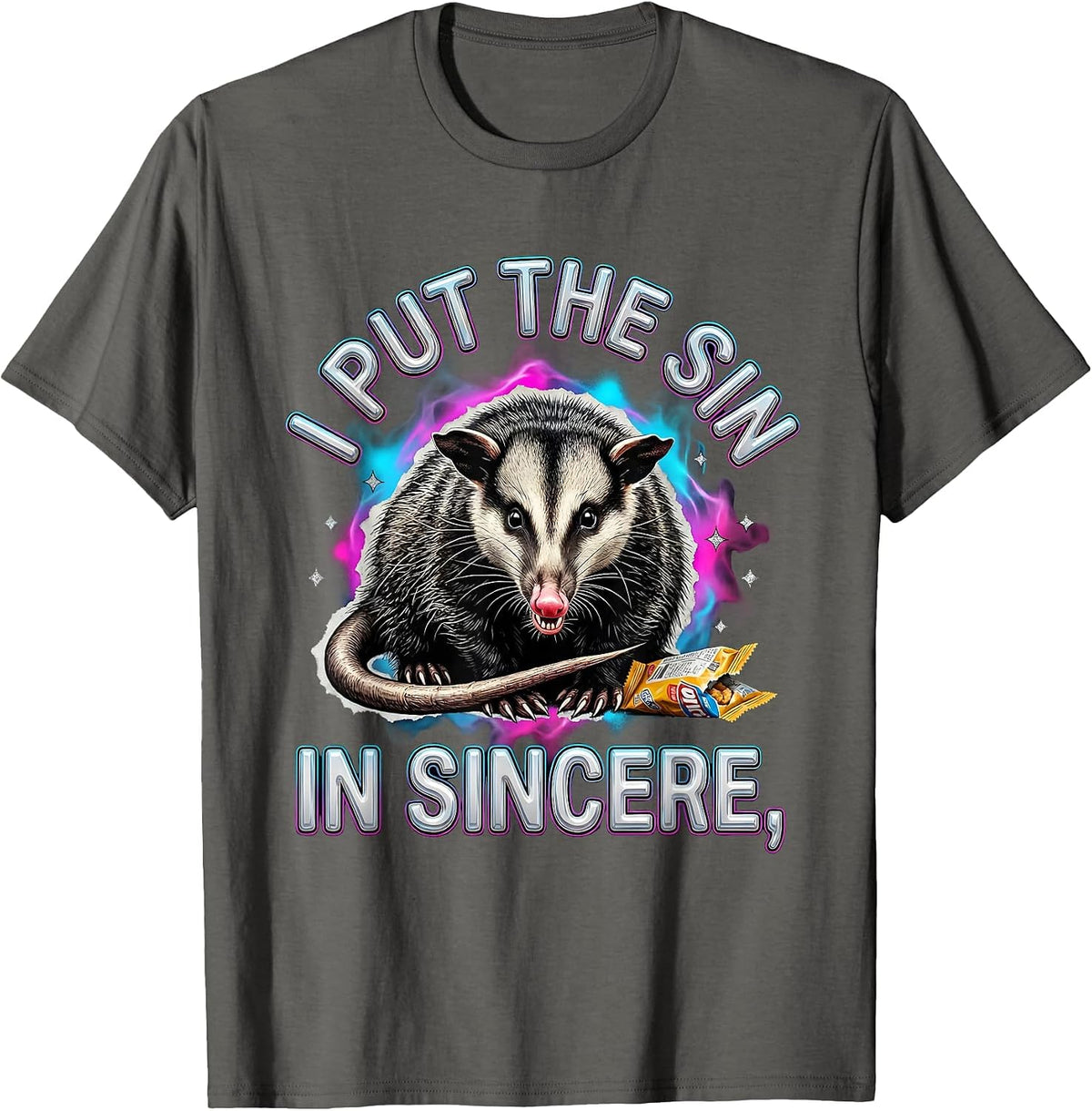 Men's I Put The Sin In Sincere Funny Opossum Unhinged Meme T-Shirt - Asphalt Grey