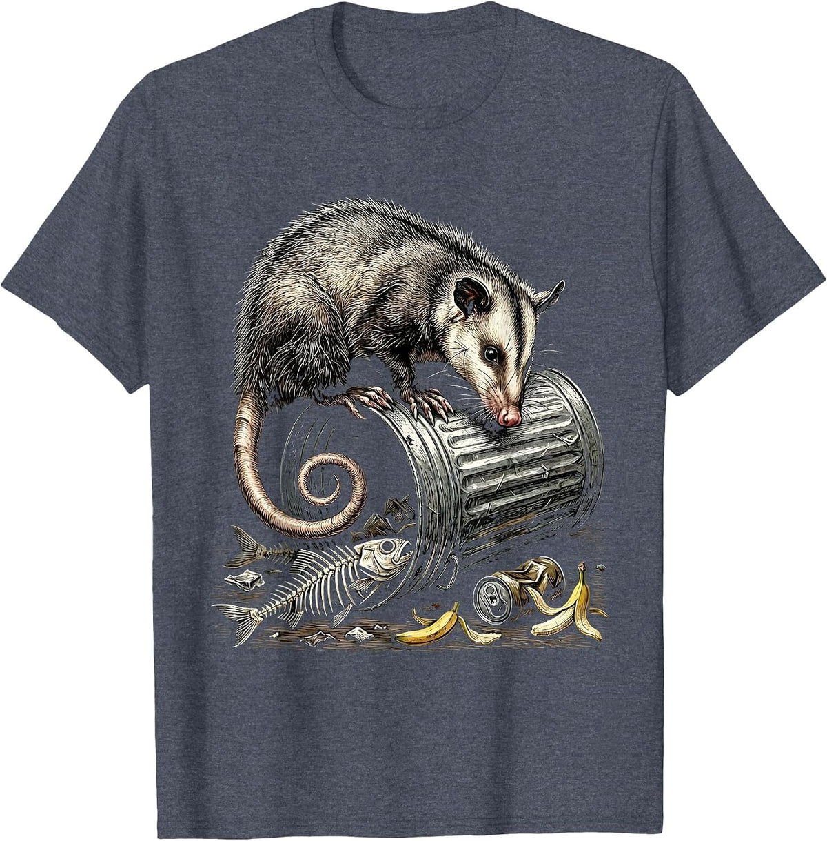 Opossum Trash Can Rummaging Funny Wildlife Art T-Shirt - Heather Blue