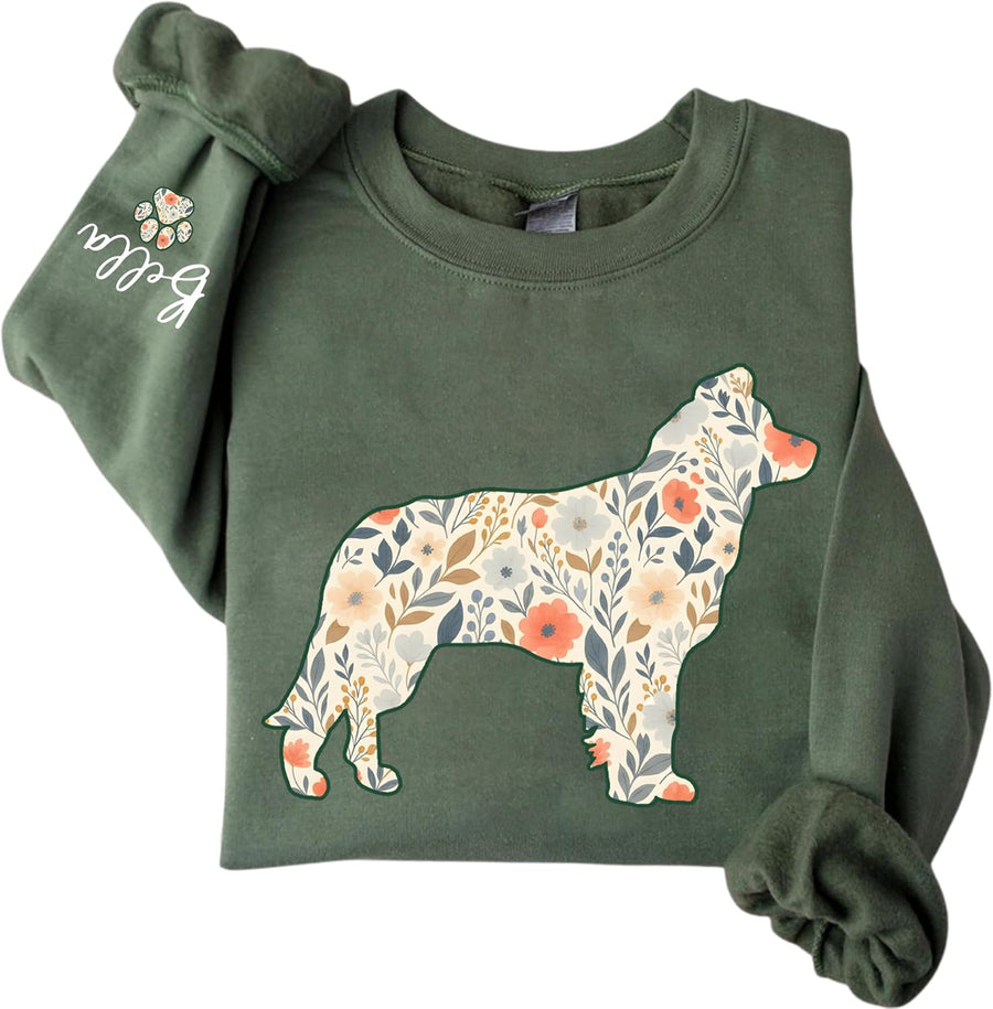 Personalized Floral Dogs Sweatshirt for Women, Custom Pet Name on Sleeve, Dog Mom Gift, Gifts for Dog Lovers - Boston Terrier
