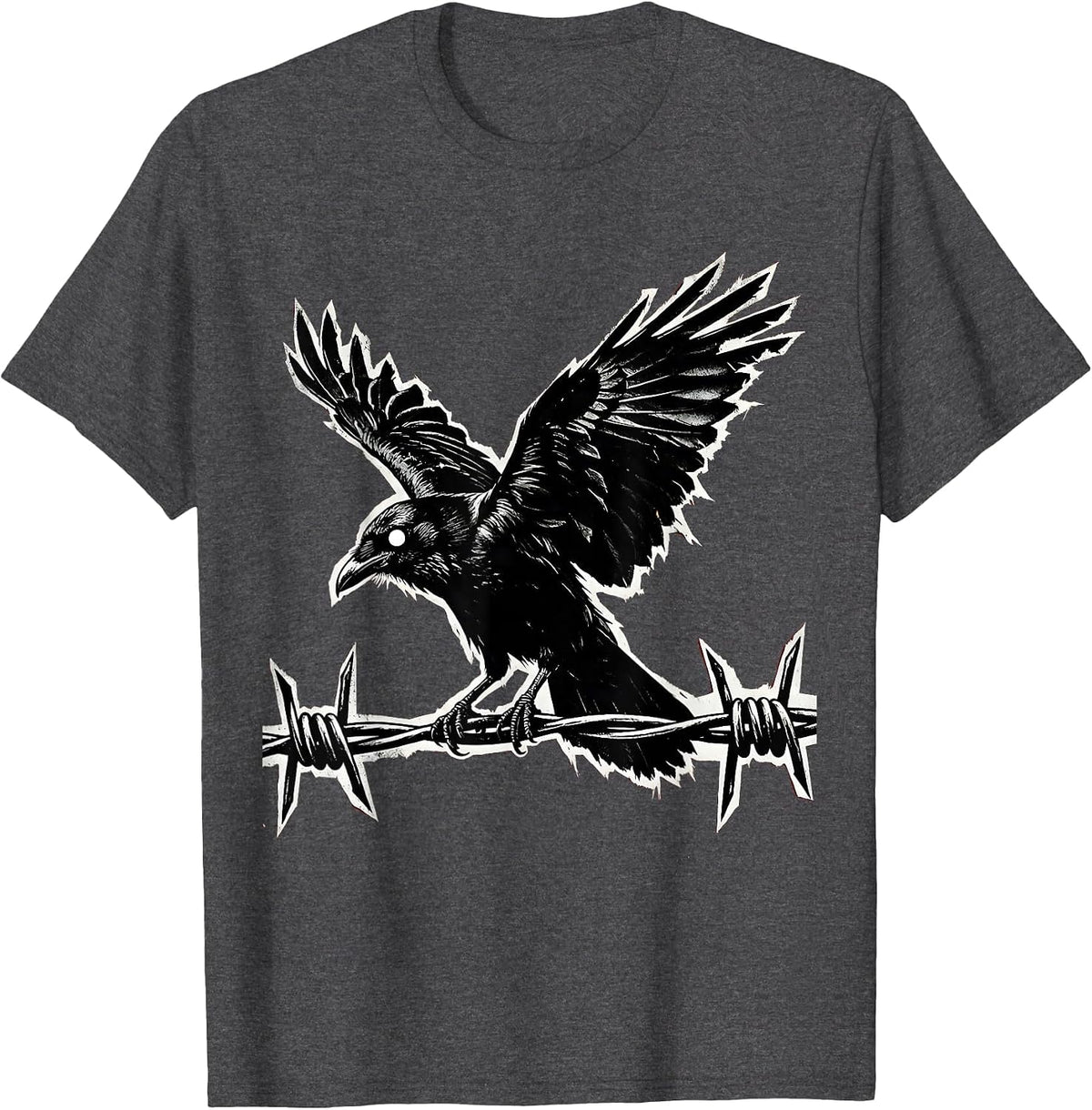 Grunge Crow on Barbed Wire Fence Illustration T-Shirt - Dark Heather Grey