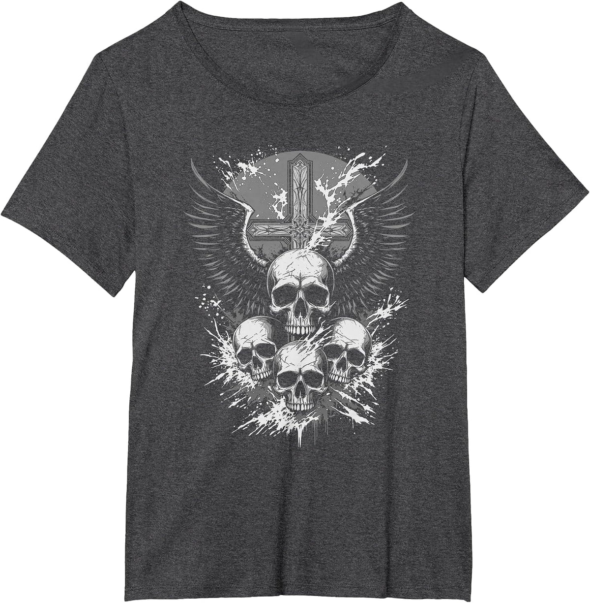 Gothic Skull Cross Art Wings Grunge Punk Y2K Emo Aesthetic T-Shirt - Dark Heather Grey