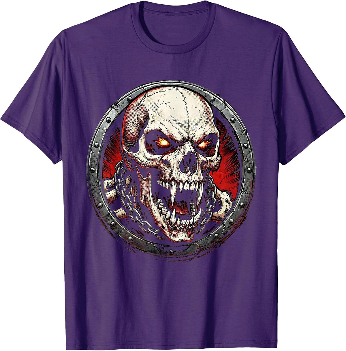 Halloween Growling Beast Skull Chain Collar Graphic T-Shirt - Purple