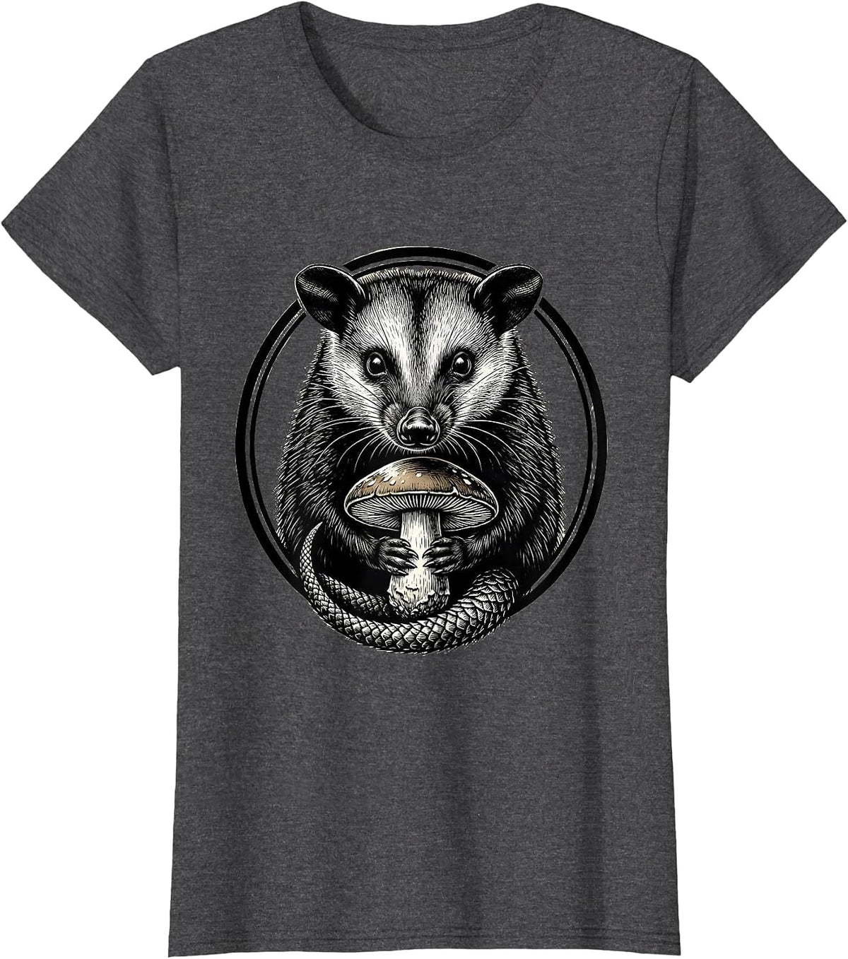 Women's Opossum Holding Mushroom Cute Wildlife Art T-Shirt - Dark Heather Grey