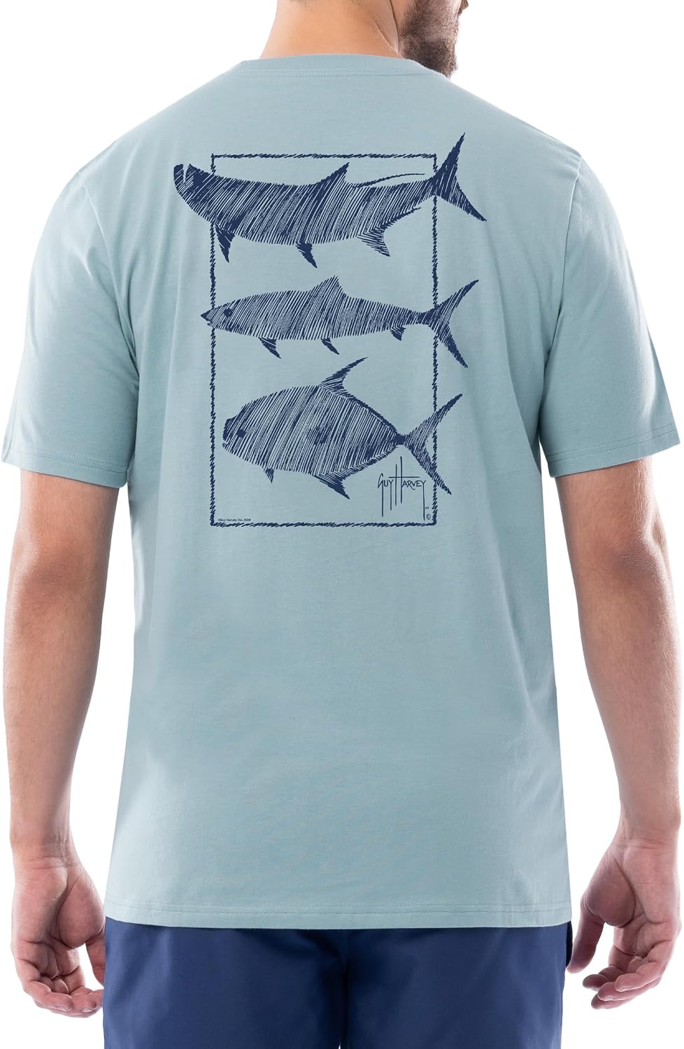 Guy Harvey Men’s Short Sleeve OG Cotton Graphic Pocket T-Shirt - Stone Blue\/Keys Slam