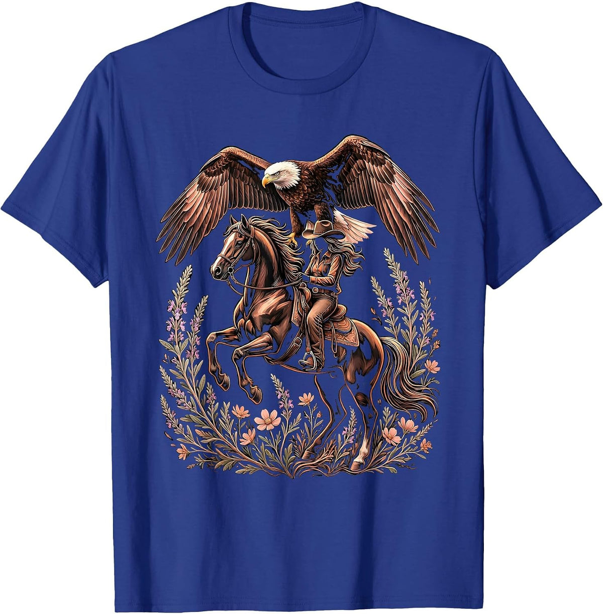Eagle and Cowgirl on Horseback Western Graphic T-Shirt - Royal Blue