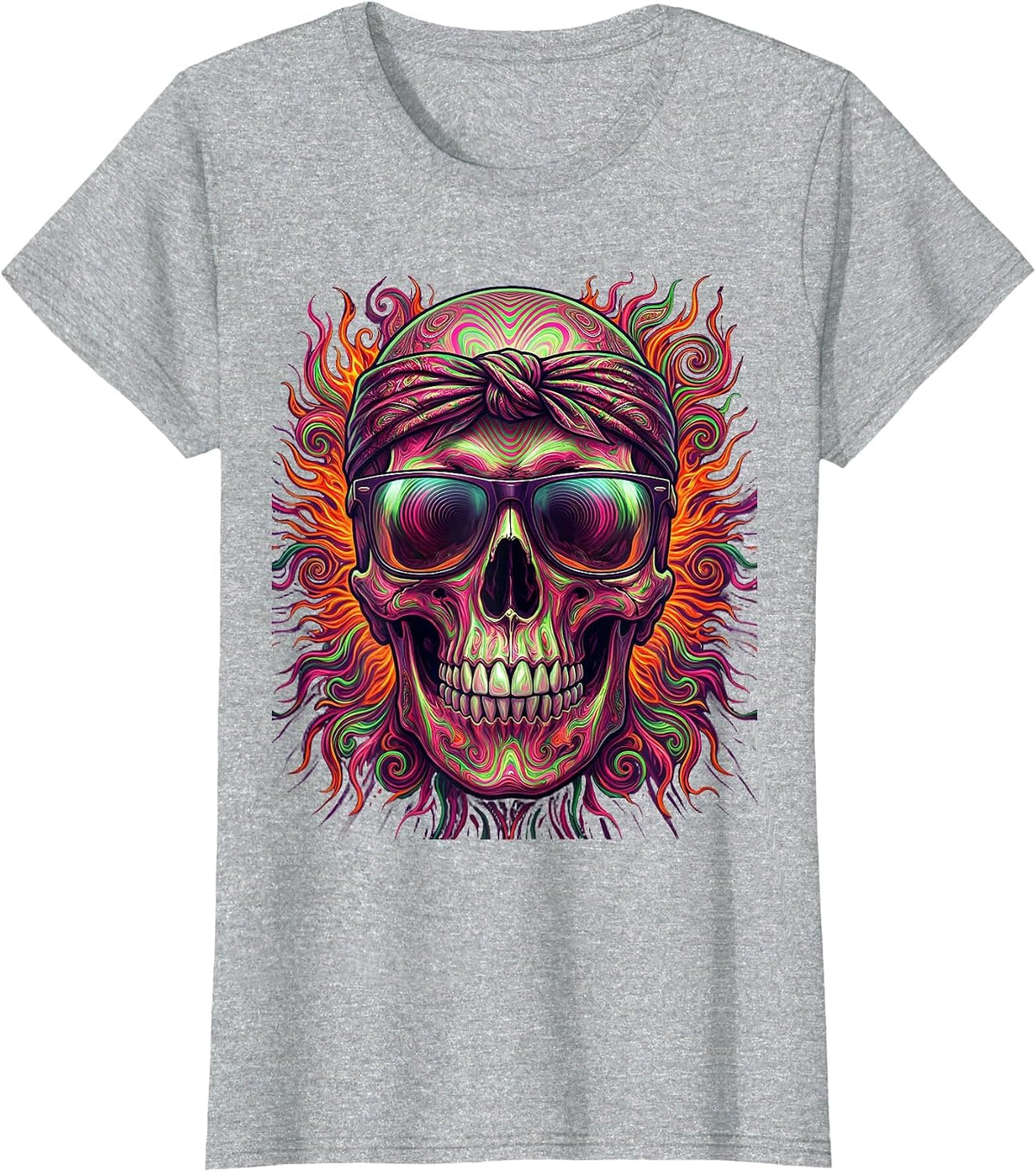 Vintage Rock Biker Skull Sunglasses Bandana Graphic T-Shirt - Heather Grey