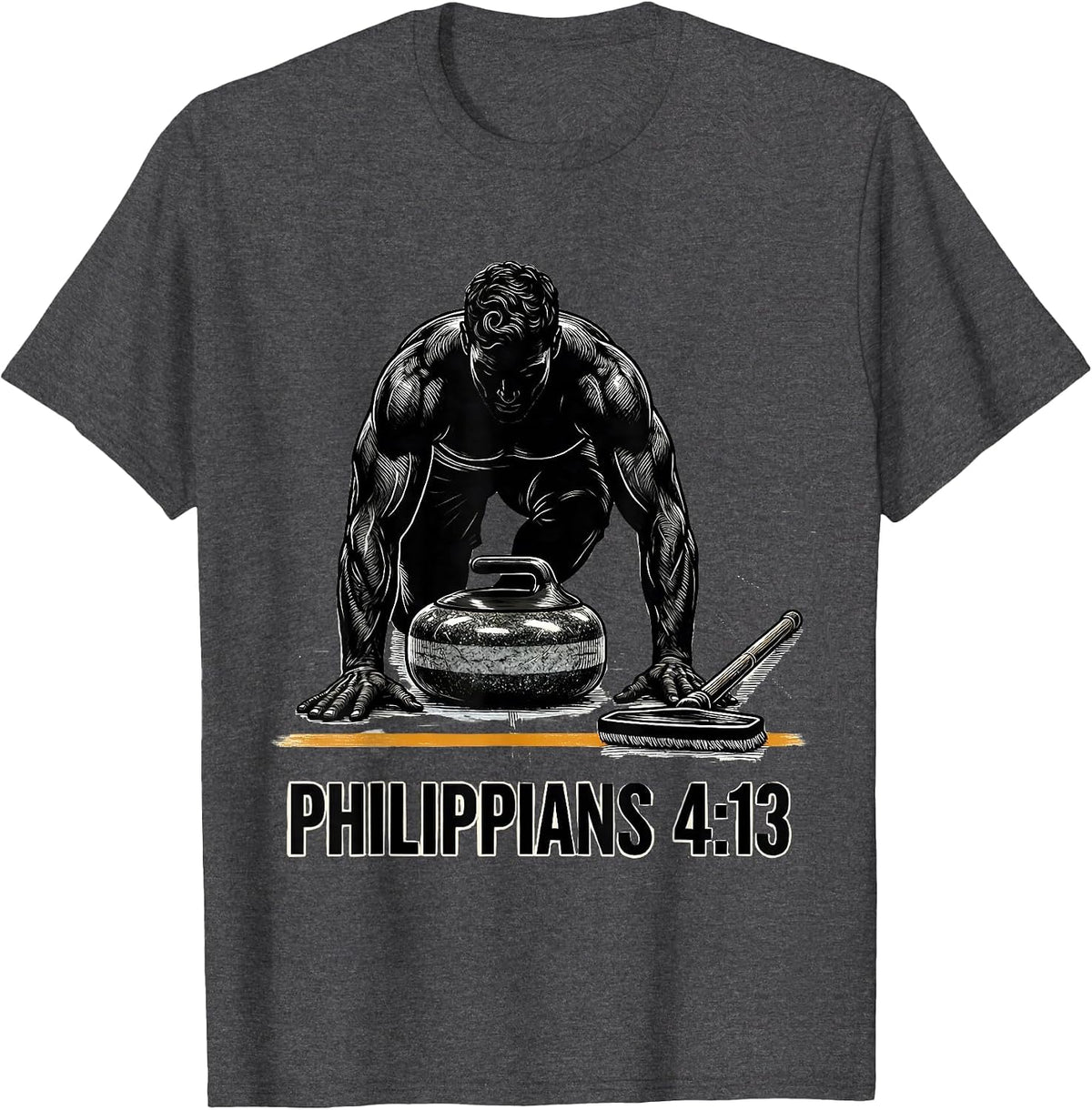 Philippians 4:13 Scratchboard Curling Athlete Faith Graphic T-Shirt - Dark Heather Grey