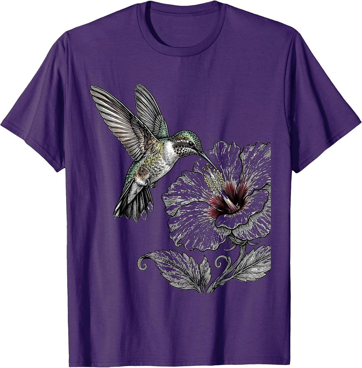 Hummingbird and Blooming Flower Illustration T-Shirt - Purple