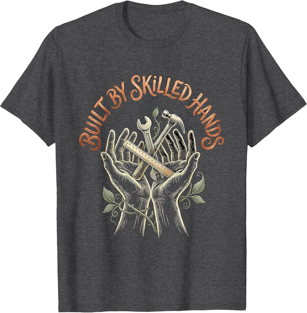 Built by Skilled Hands Labor Day Blueprint Design T-Shirt - Dark Heather Grey
