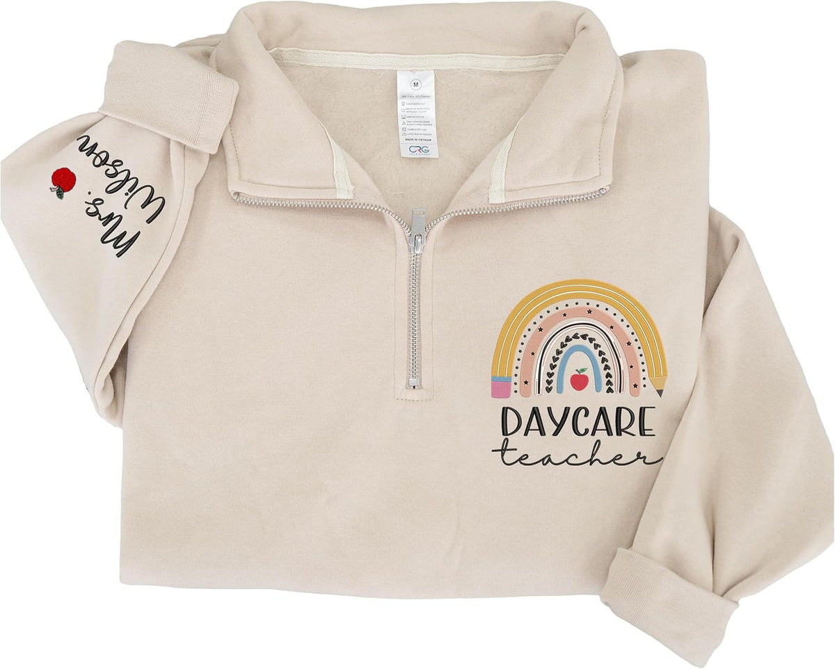 Chillever Personalized Embroidery Teacher Quarter Zip Sweatshirt, Custom Teacher Name Zip Sweaters, Back to School Gifts -