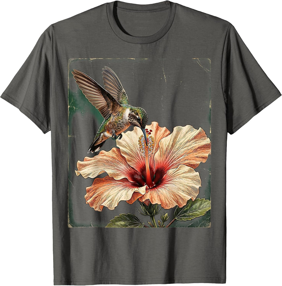 Hummingbird and Hibiscus Floral Illustration T-Shirt - Asphalt Grey