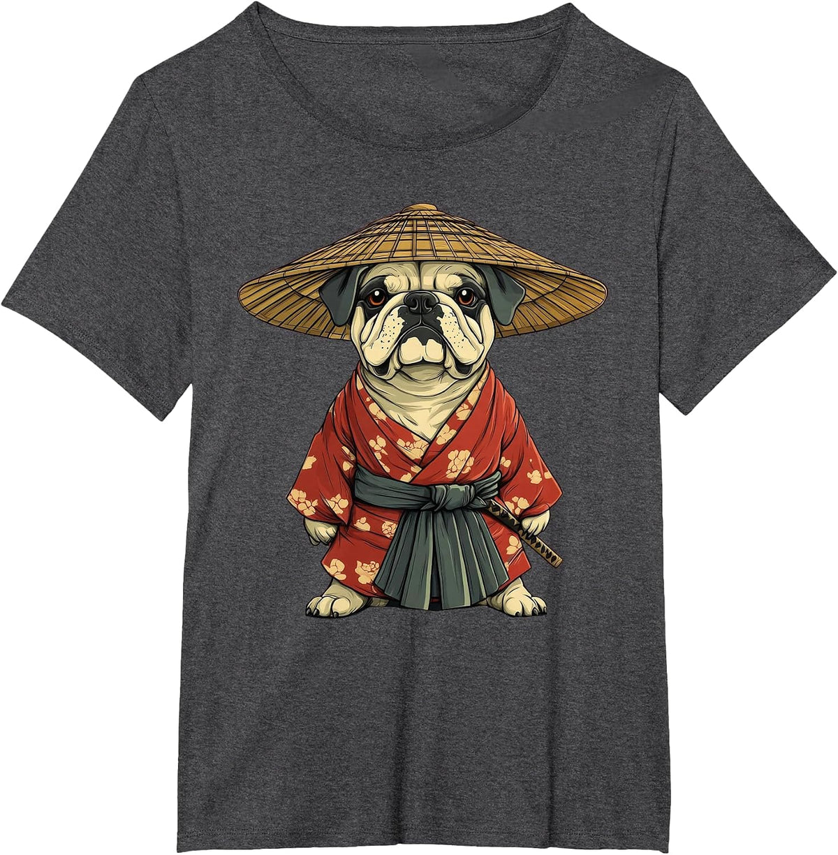 English Bulldog Dog Samurai Art T-Shirt - Dark Heather Grey