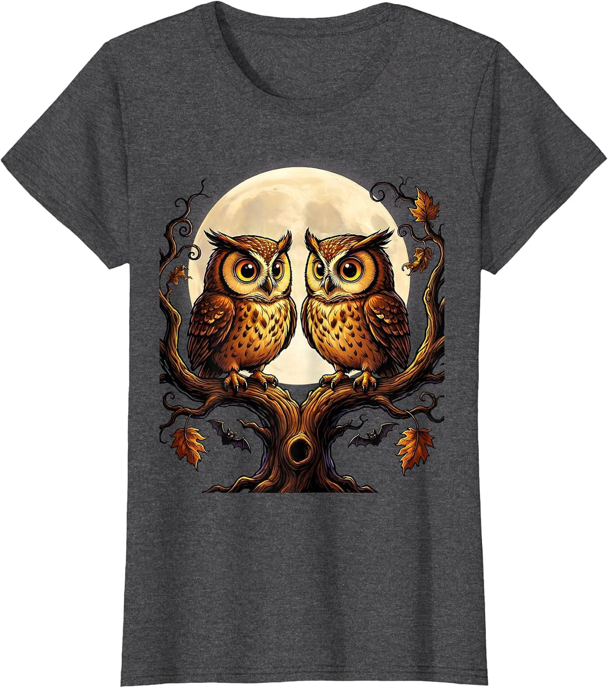 Women's Halloween Twin Owls on Mirrored Branches Design T-Shirt - Dark Heather Grey