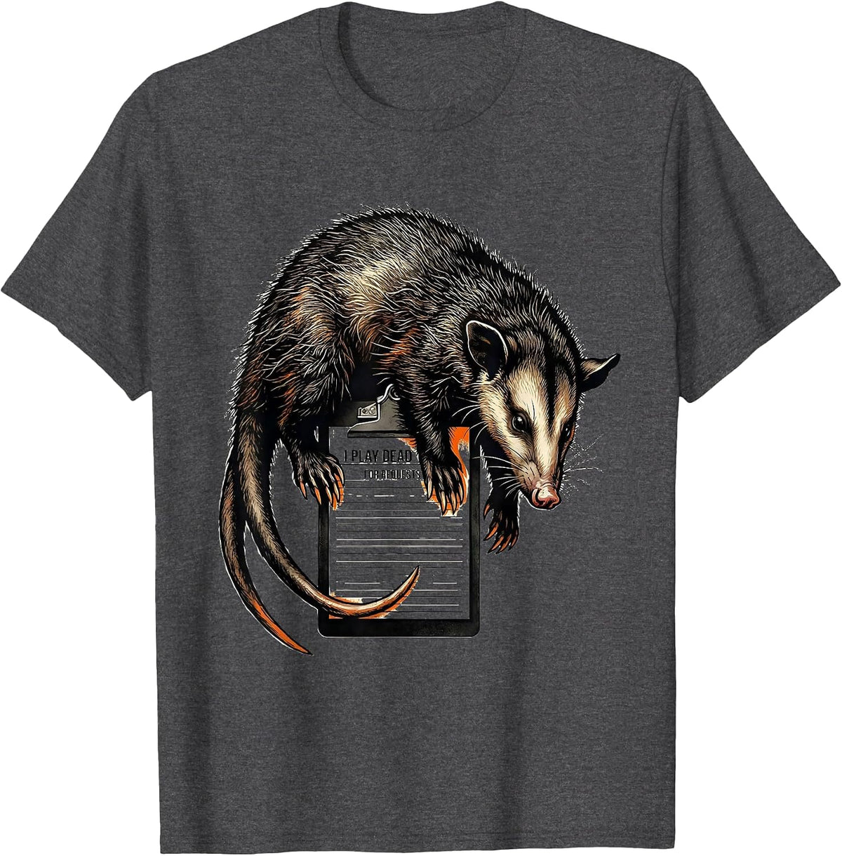 I Play Dead For Requests Funny Opossum Meme Animal Humor T-Shirt - Dark Heather Grey