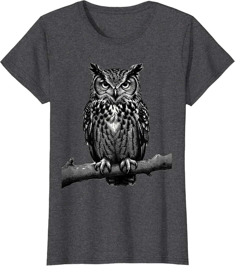 Women's Dot Day Owl Dotted Feathers on Branch Illustration T-Shirt - Dark Heather Grey