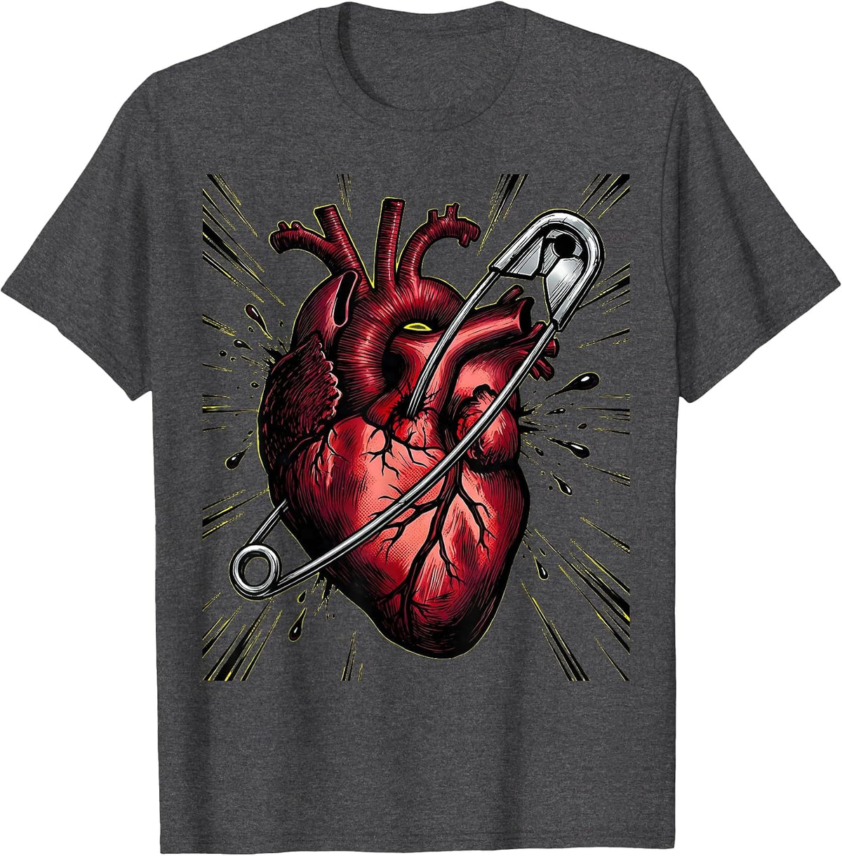 Punk Rock Safety Pin Heart Graphic Tee T-Shirt - Dark Heather Grey