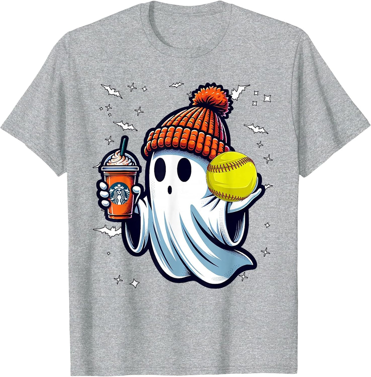 Ghost Pumpkin Drinks Beanie Fall Softball Lovers Halloween T-Shirt - Heather Grey