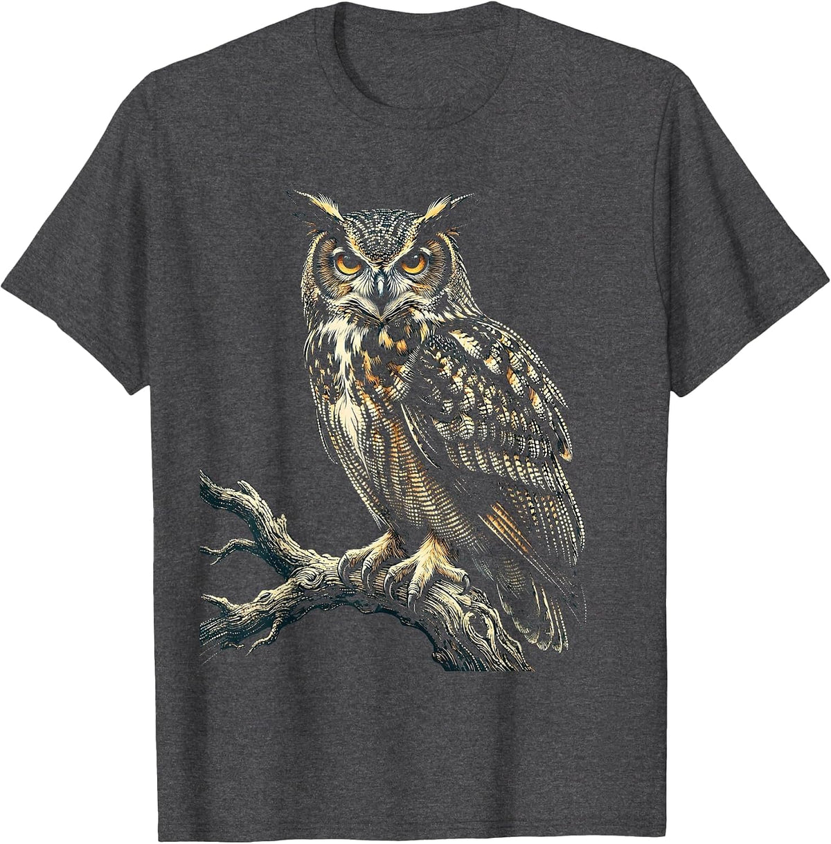 Speckled Owl Perched Illustration Graphic Tee T-Shirt - Dark Heather Grey