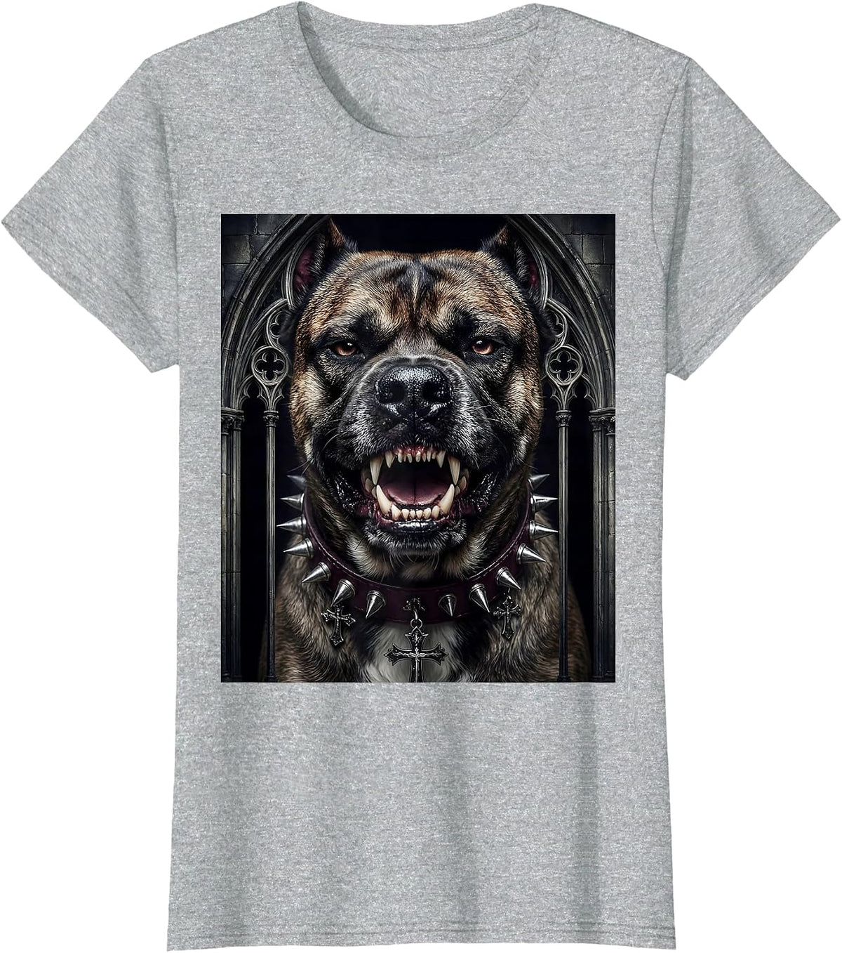 Snarling Punk Dog Studded Collar Graphic T-Shirt - Heather Grey