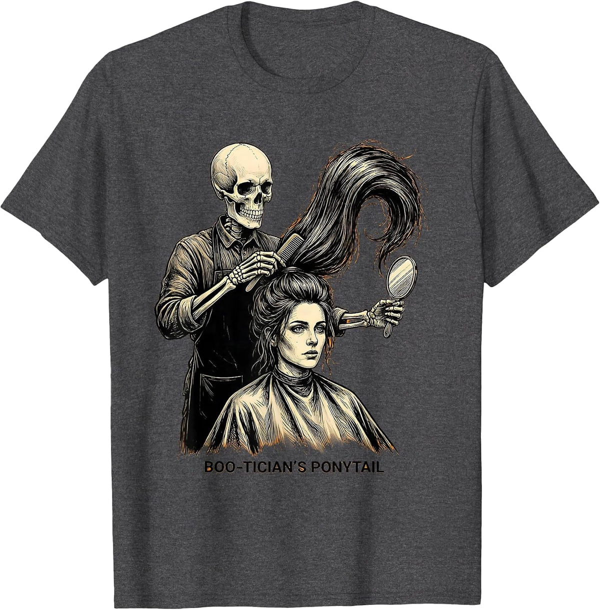 Men's Boo-tician's Ponytail Funny Skeleton Hairstylist Halloween T-Shirt - Dark Heather Grey